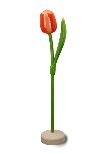 Wooden tulip in a wooden base, to stand, 34cm high, made in Holland, color: orange/white